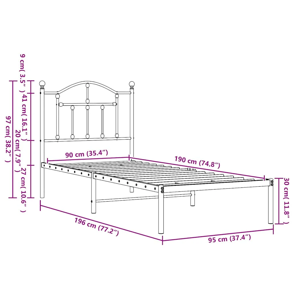 sengeramme med sengegavl 90x190 cm metal sort - Image 8