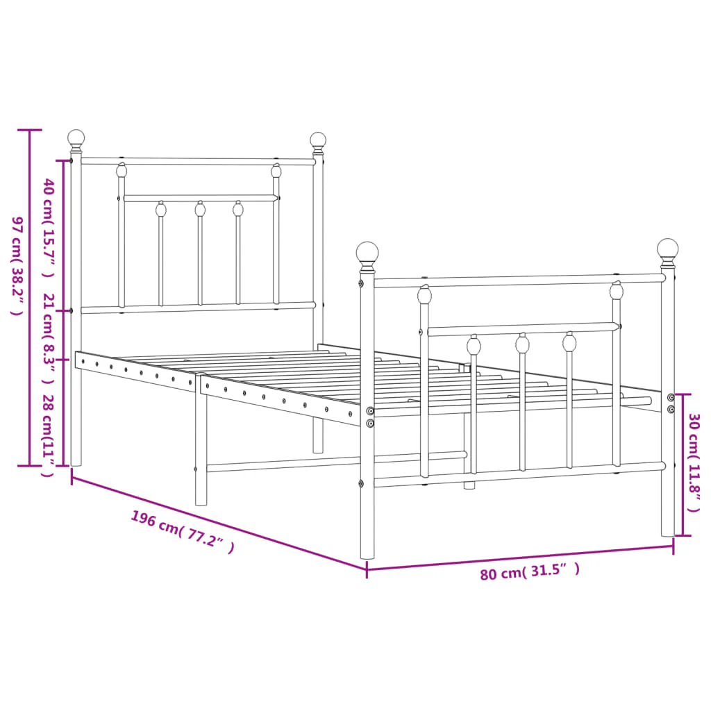 sengeramme med sengegavl og fodgærde 75x190 cm metal sort - Image 9