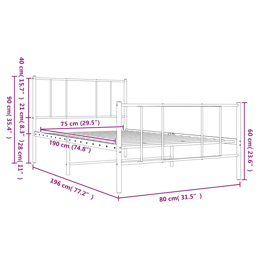 sengeramme med sengegavl og fodgærde 75x190 cm metal sort - Image 9