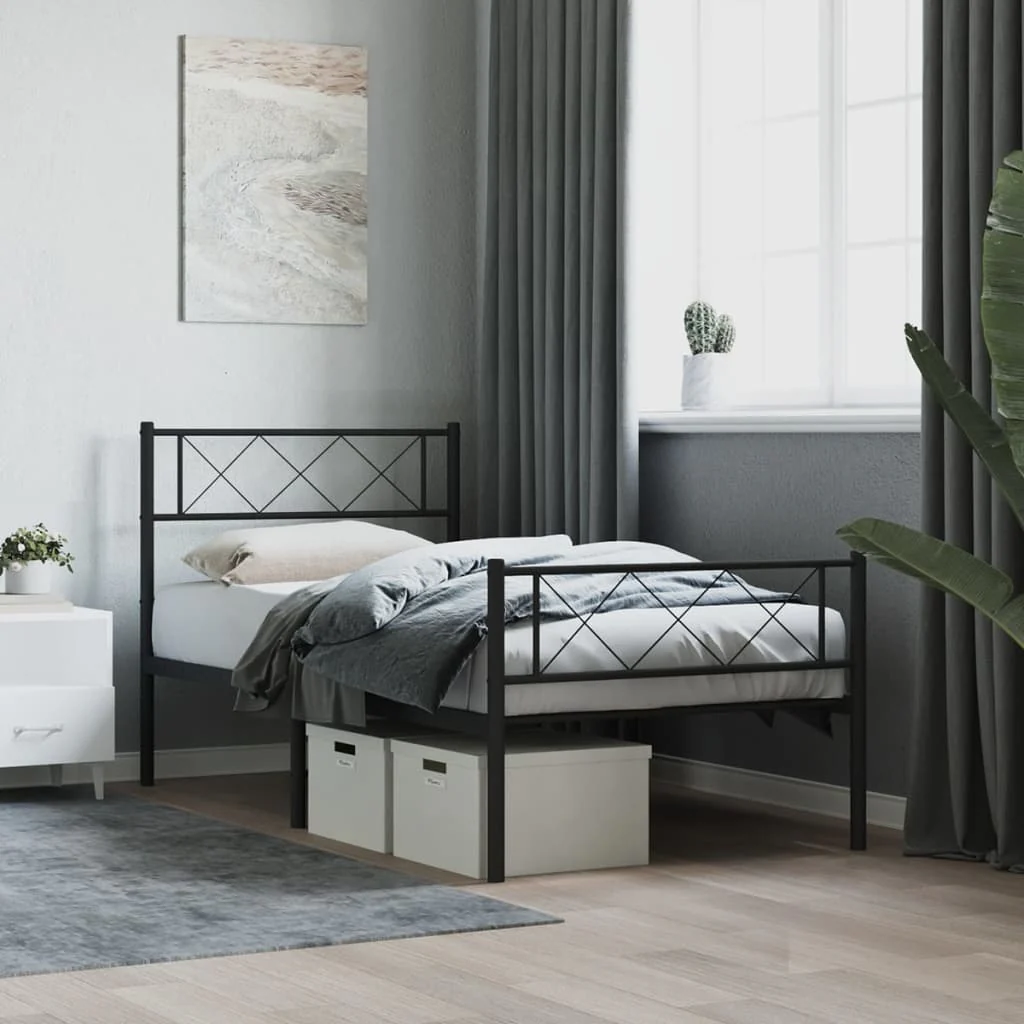 sengeramme med sengegavl og fodgærde 75x190 cm metal sort