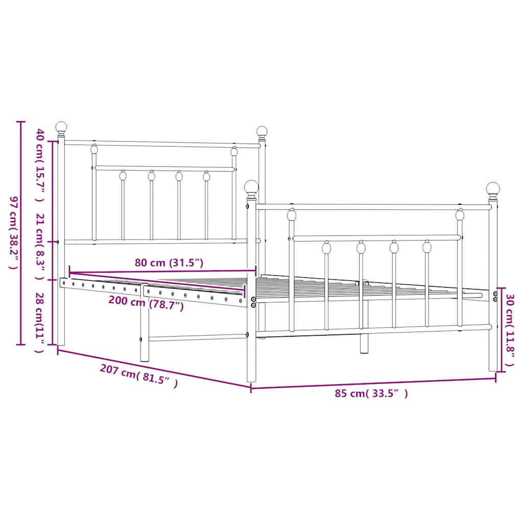 sengeramme med sengegavl og fodgærde 80x200 cm metal sort - Image 9