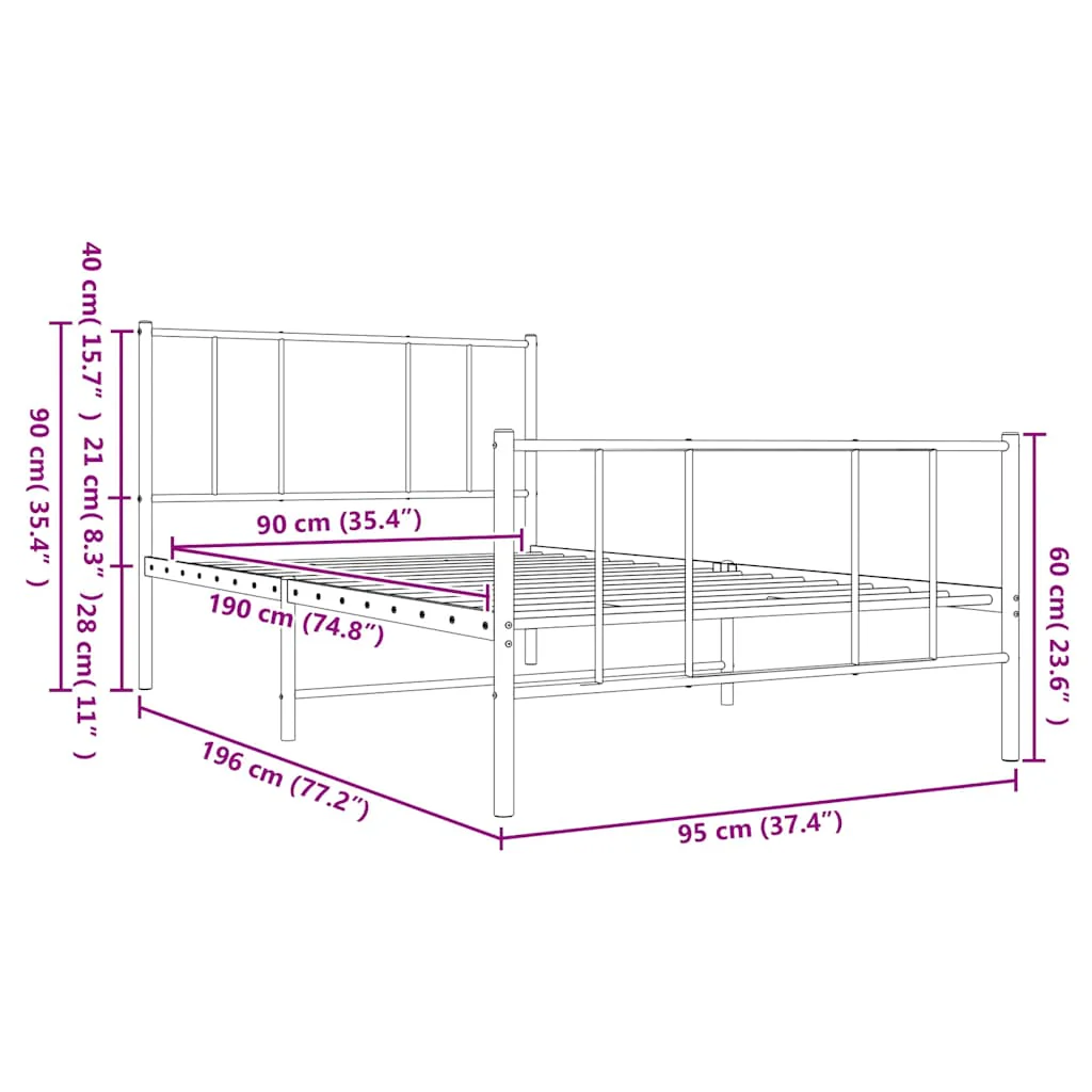 sengeramme med sengegavl og fodgærde 90x190 cm metal hvid - Image 9