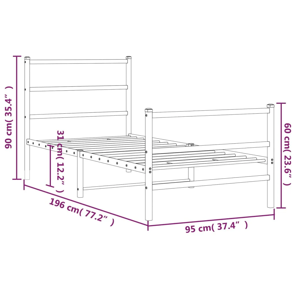 sengeramme med sengegavl og fodgærde 90x190 cm metal hvid - Image 9