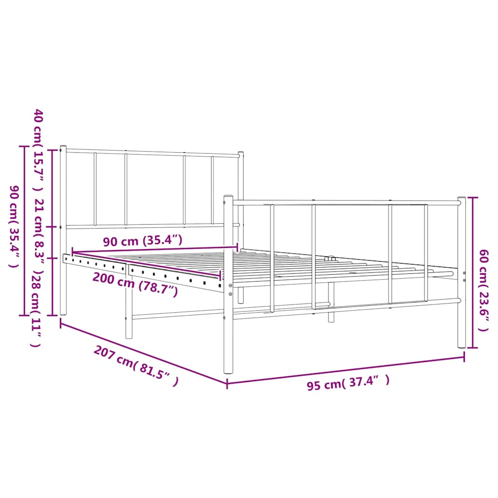 sengeramme med sengegavl og fodgærde 90x200 cm metal hvid - Image 9