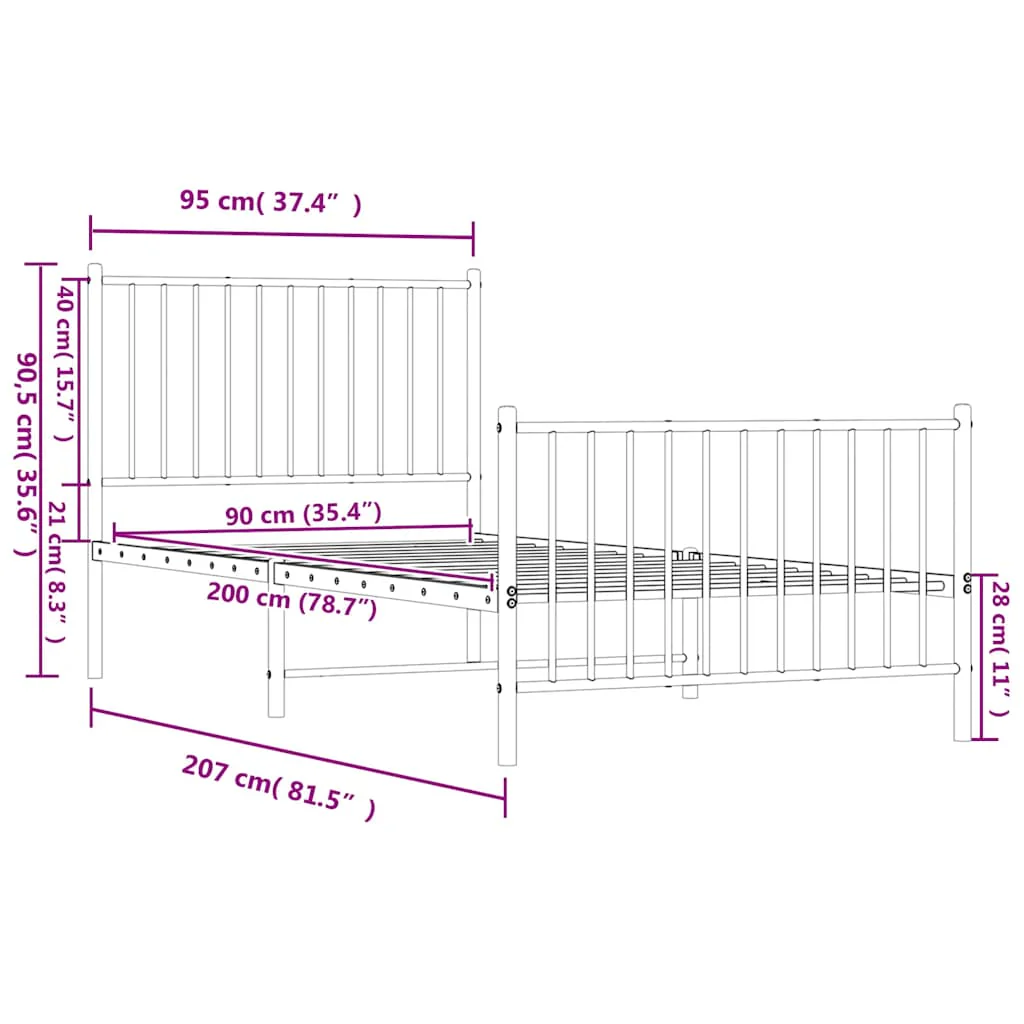sengeramme med sengegavl og fodgærde 90x200 cm metal hvid - Image 8
