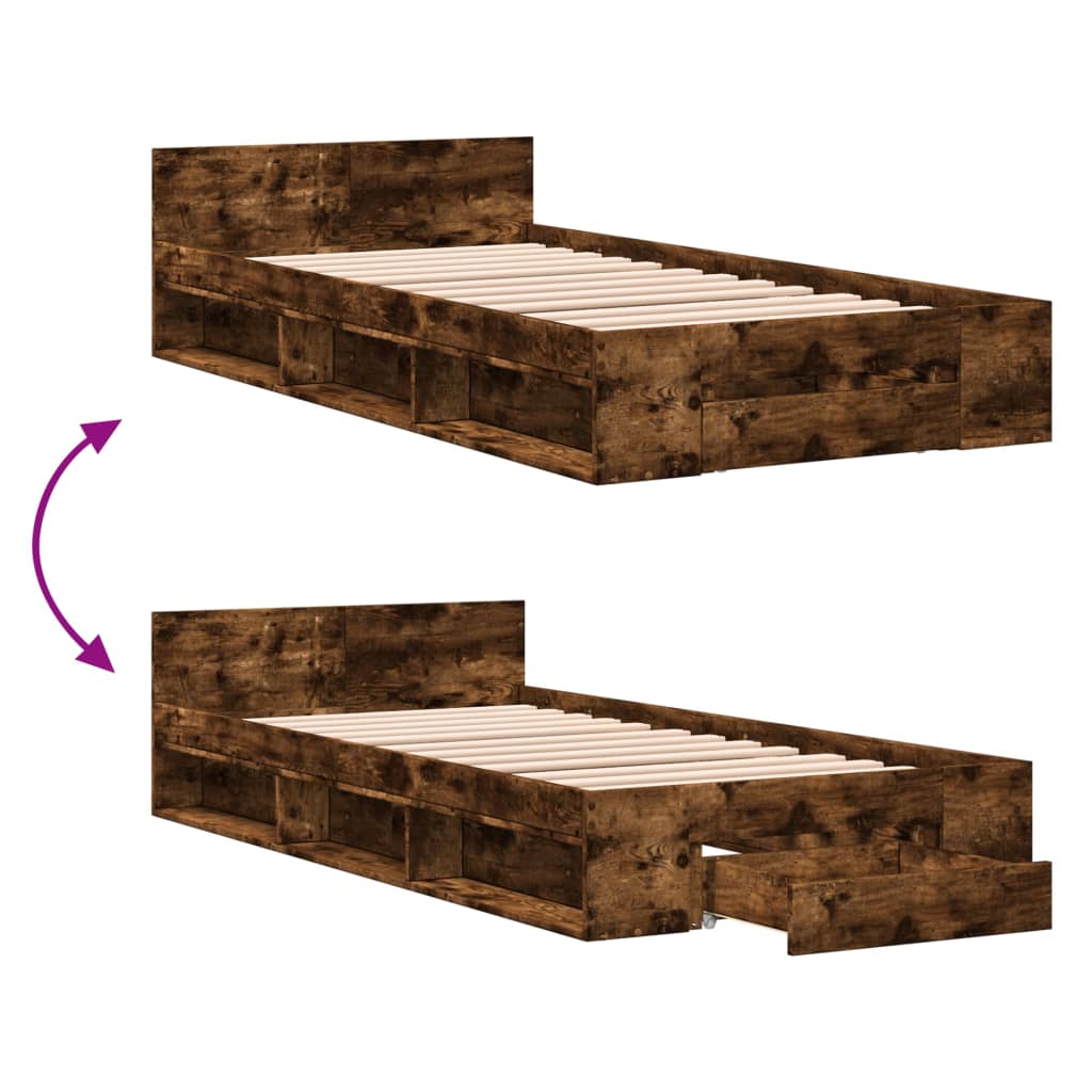 sengeramme med skuffe 75x190 cm konstrueret træ røget eg - Image 7