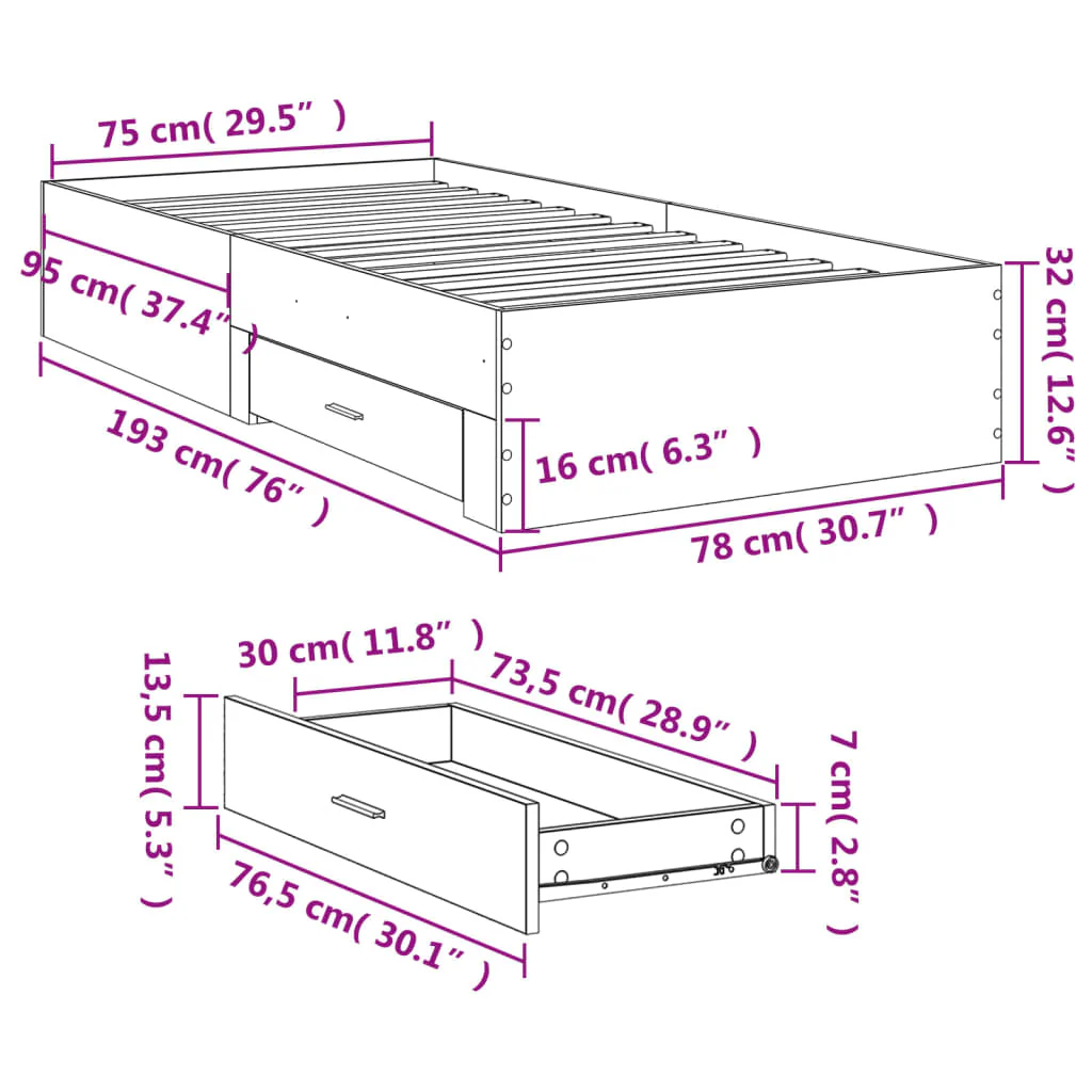 sengeramme med skuffer 75x190 cm konstrueret træ sort - Image 9
