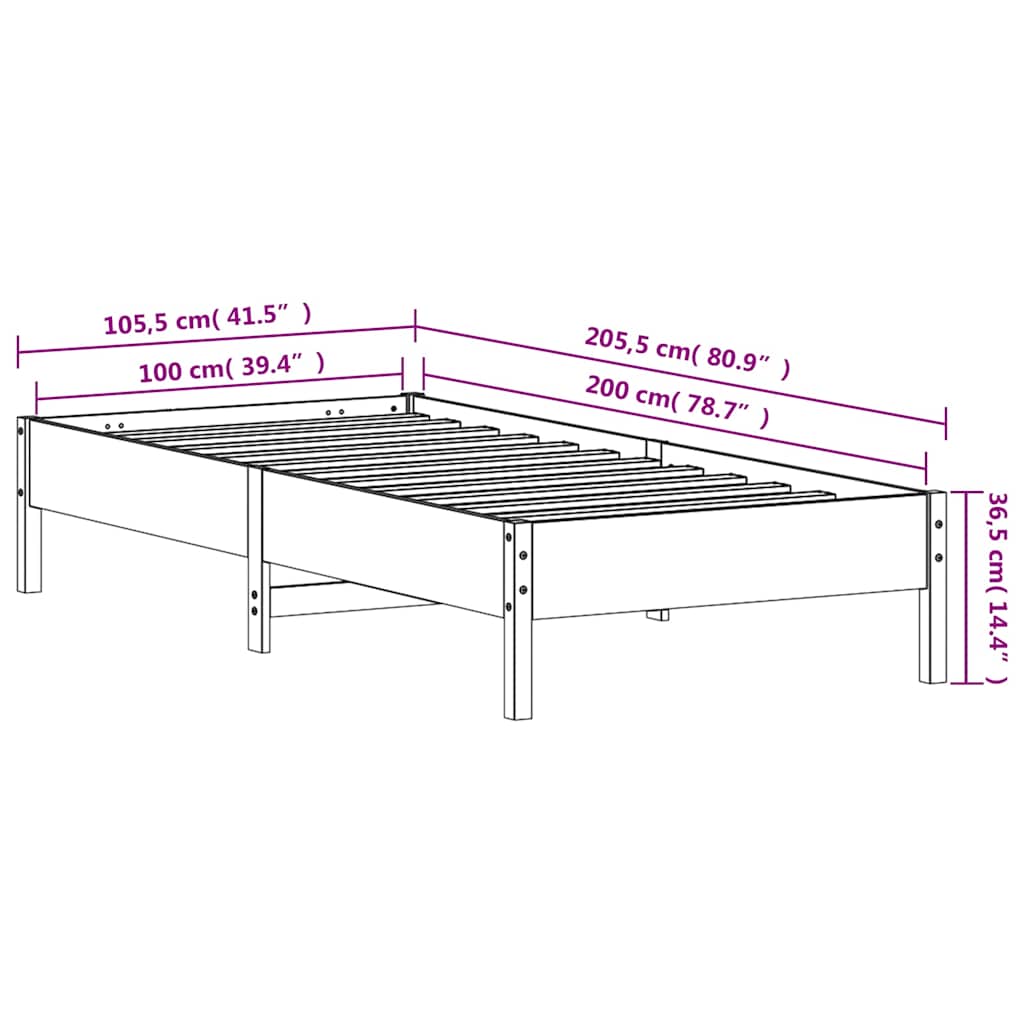 sengeramme uden madras 100x200 cm massivt fyrretræ hvid - Image 8