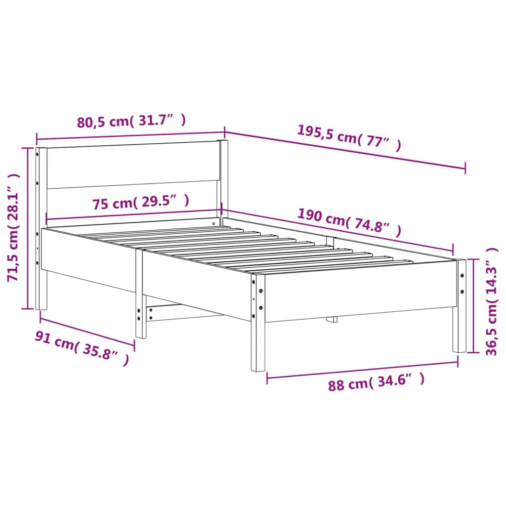 sengeramme uden madras 75x190 cm massivt fyrretræ - Image 8