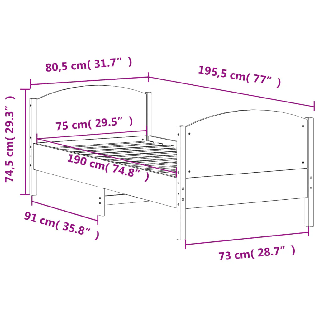 sengeramme uden madras 75x190 cm massivt fyrretræ - Image 8