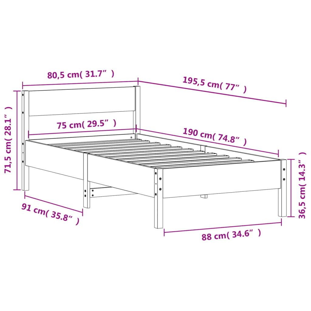 sengeramme uden madras 75x190 cm massivt fyrretræ gyldenbrun - Image 8