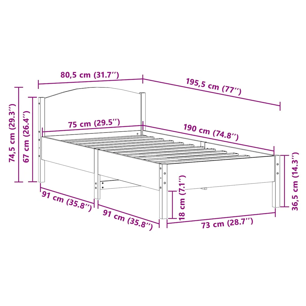 sengeramme uden madras 75x190 cm massivt fyrretræ gyldenbrun - Image 8