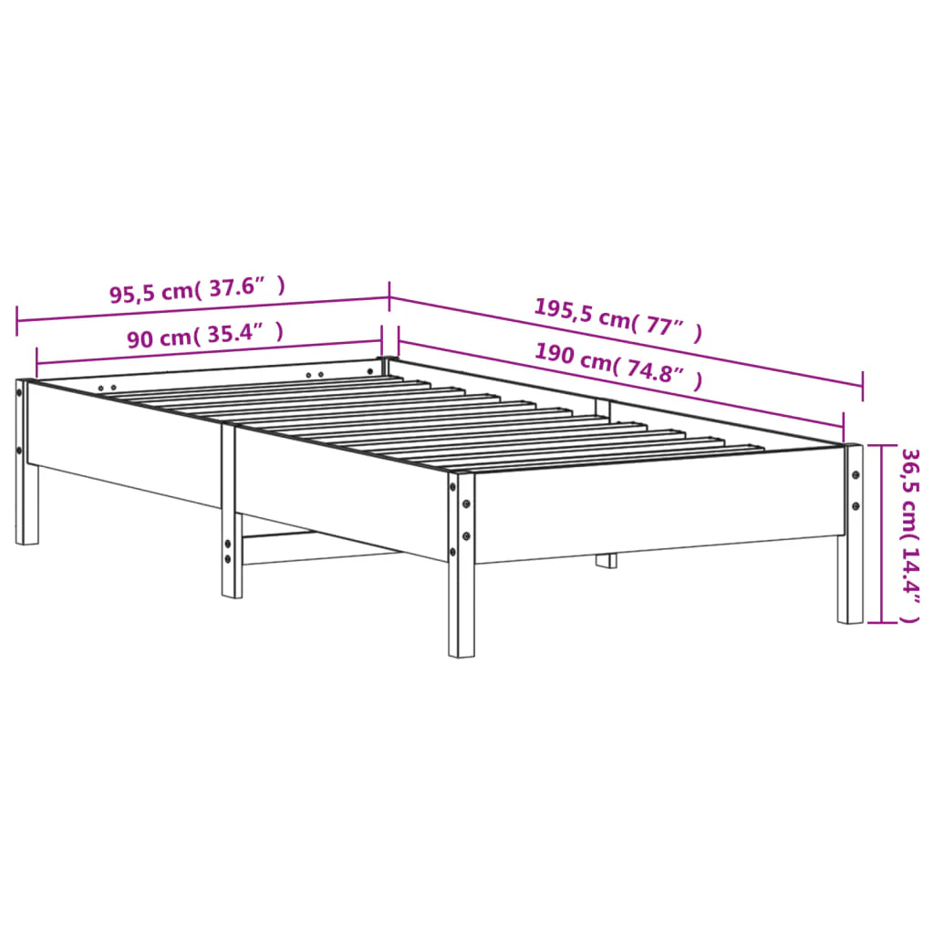 sengeramme uden madras 90x190 cm massivt fyrretræ hvid - Image 8