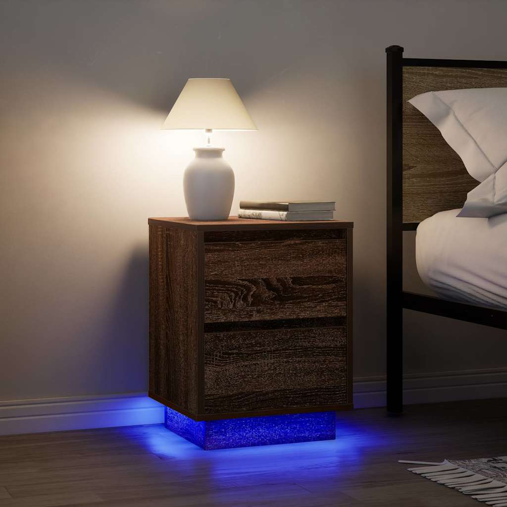 Sengeskab med LED-lys Brun Eg 38x34x50 cm - Image 5