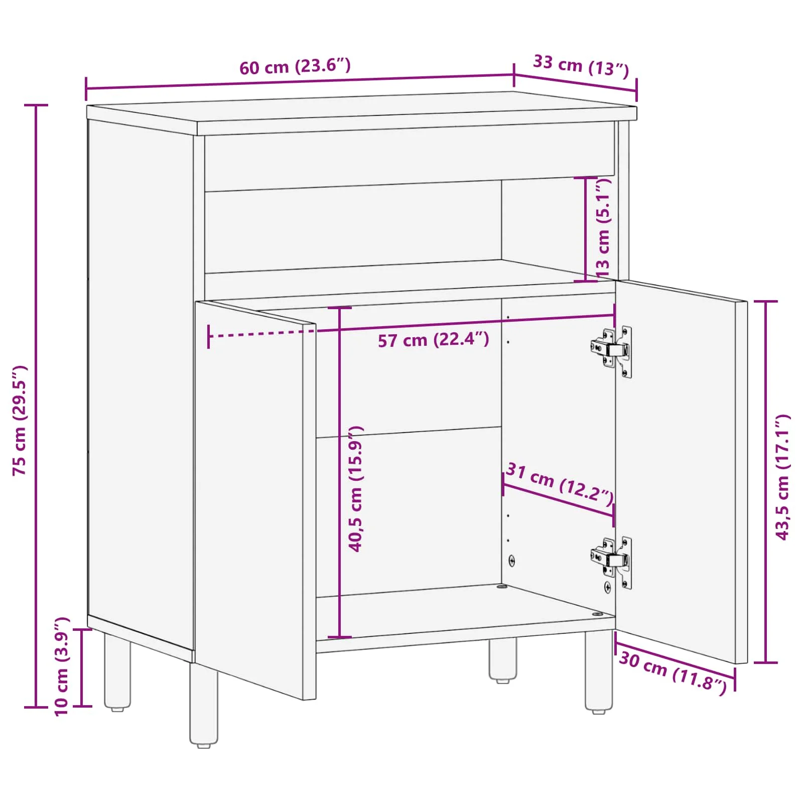 Sideboard Hvid Vask Finish 60 x 33 x 75 cm Massivt mangotræ - Image 11