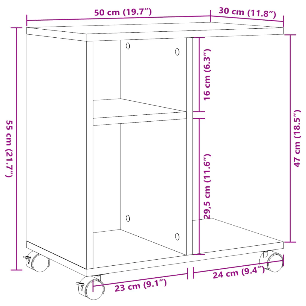 sidebord med hjul 50x30x55 cm konstrueret træ sonoma-eg - Image 9