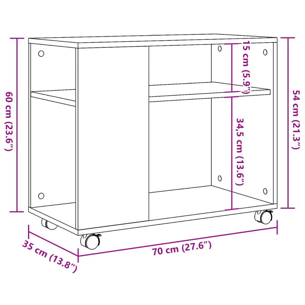 sidebord med hjul 70x35x60 cm konstrueret træ gammelt trælook - Image 9