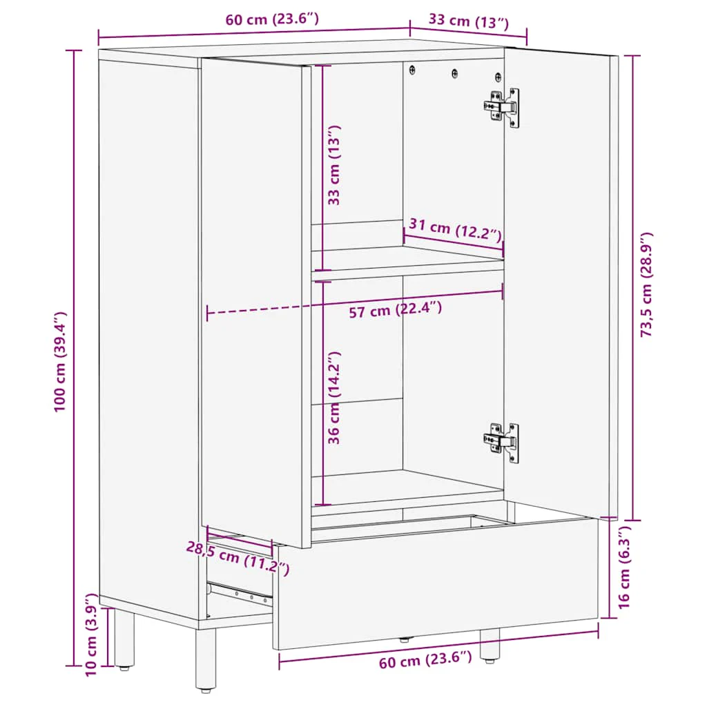 skab 60x33x100 cm massivt mangotræ brun - Image 10