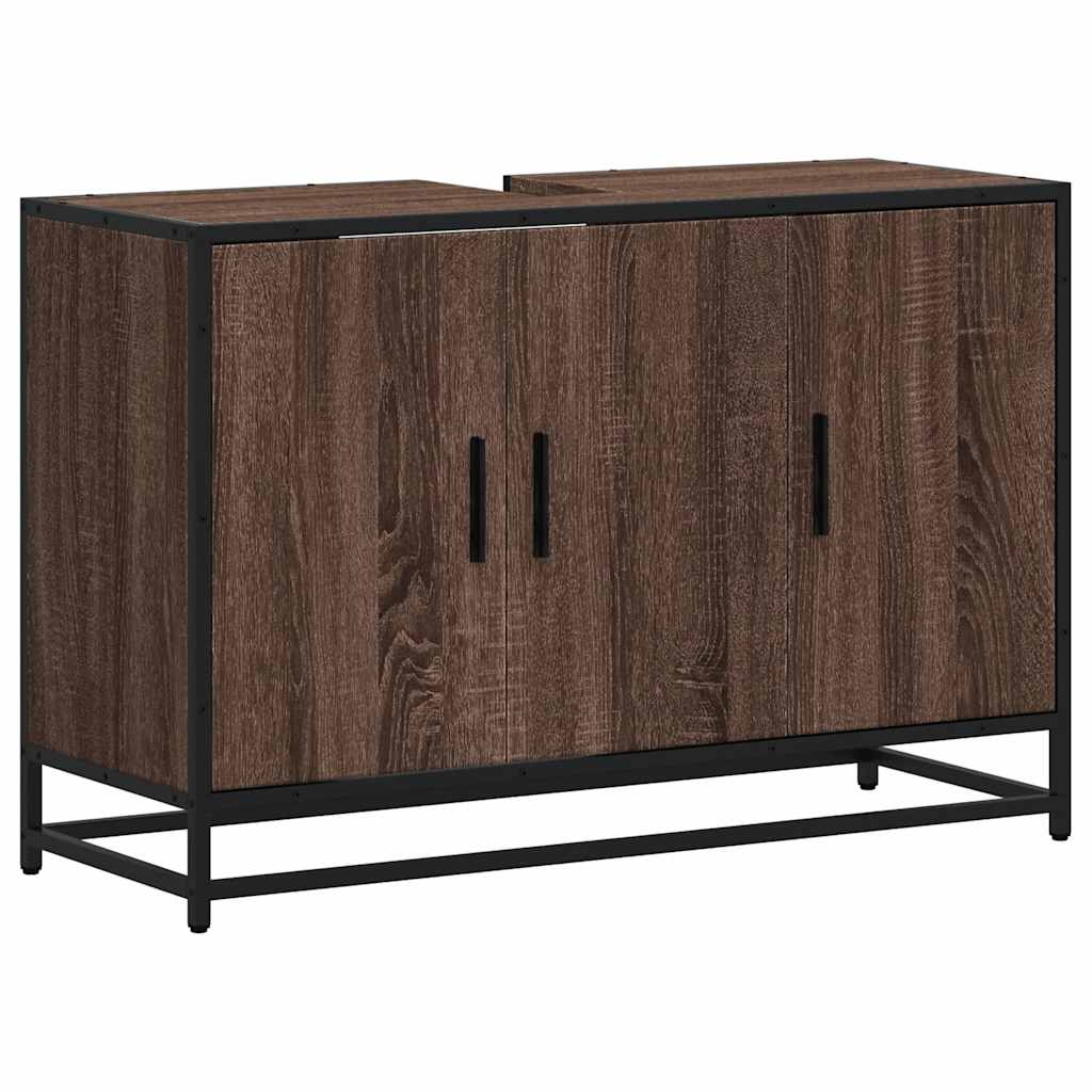 skab til håndvask til badeværelse 90x33x60 cm brunt egetræ - Image 2