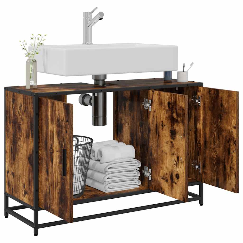 skab til håndvask til badeværelse 90x33x60 cm røget eg - Image 4