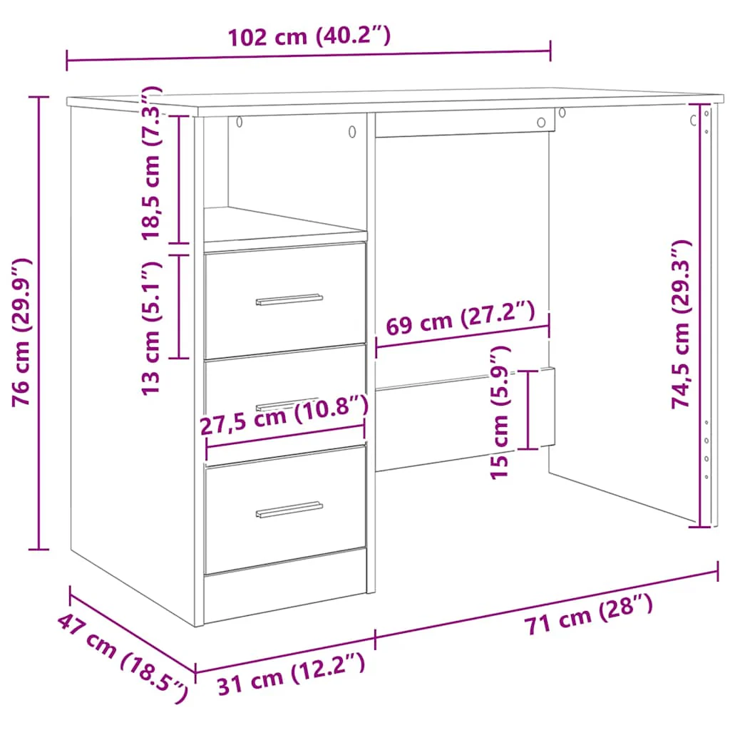 skrivebord 102x50x76 cm konstrueret træ antikt trælook - Image 10