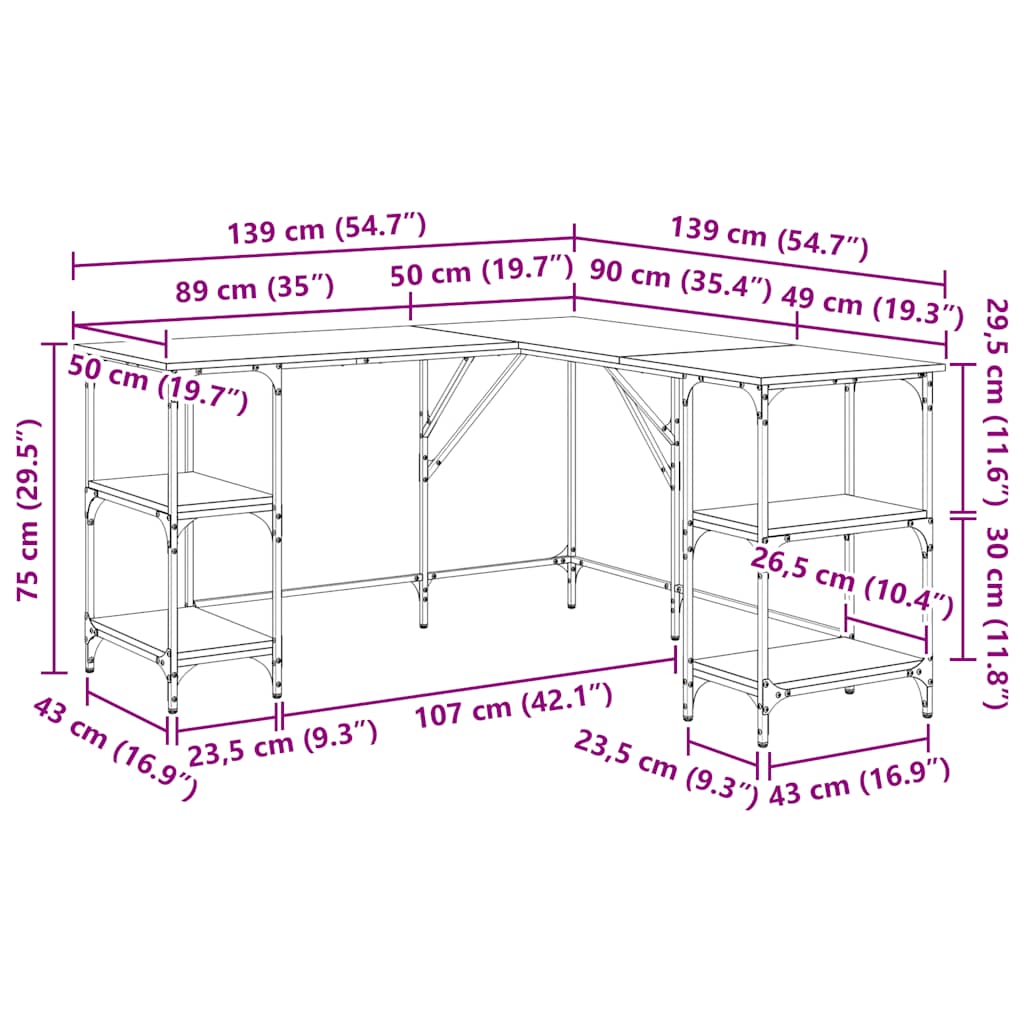 skrivebord 139x139x75 cm konstrueret træ røget egetræsfarve - Image 10