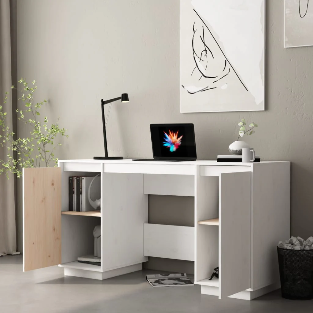 skrivebord 140x50x75 cm massivt fyrretræ hvid - Image 3