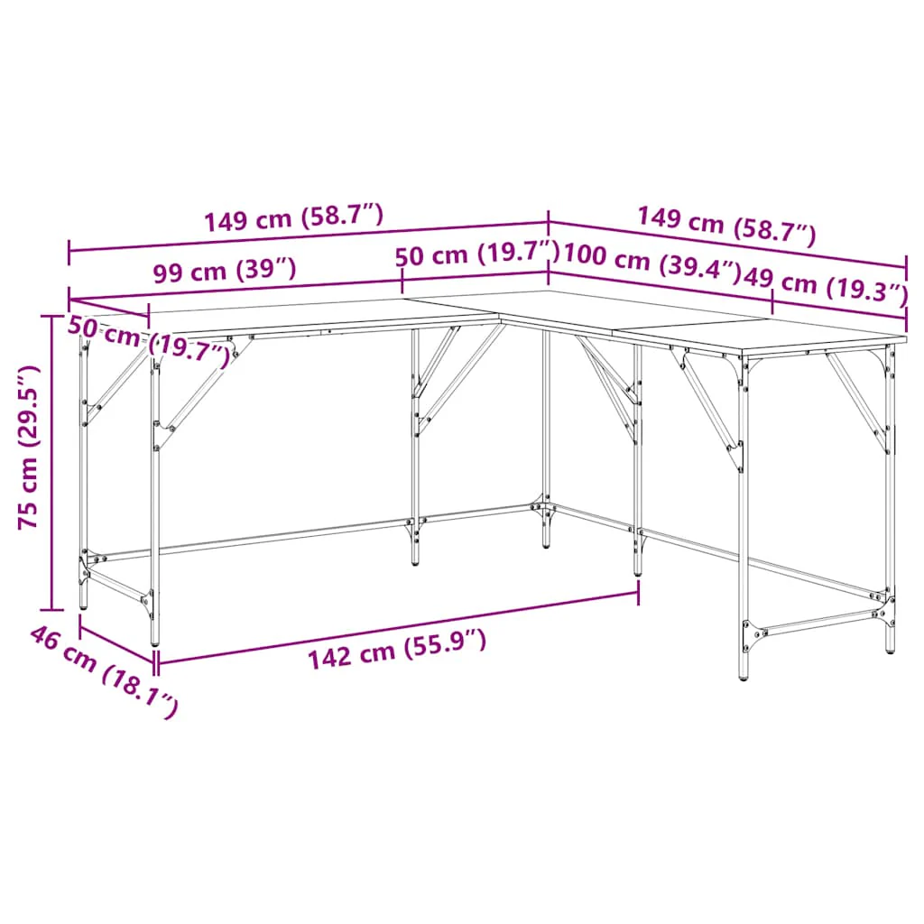 skrivebord 149x149x75 cm konstrueret træ røget egetræsfarve - Image 10
