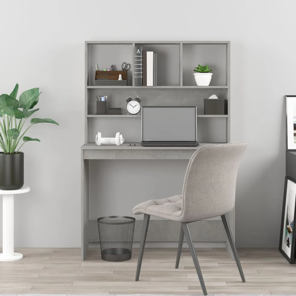 skrivebord m. hylder 102x45x148 cm konstrueret træ betongrå - Image 3