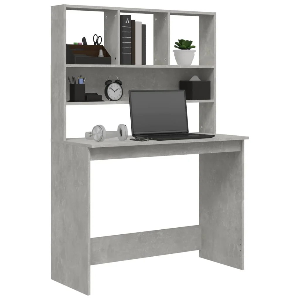 skrivebord m. hylder 102x45x148 cm konstrueret træ betongrå - Image 4