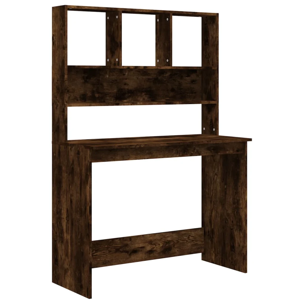 skrivebord m. hylder 102x45x148 cm konstrueret træ røget egetræ - Image 2