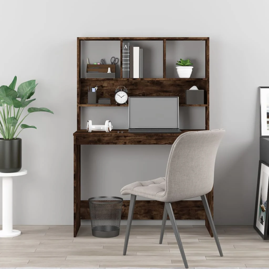 skrivebord m. hylder 102x45x148 cm konstrueret træ røget egetræ - Image 3