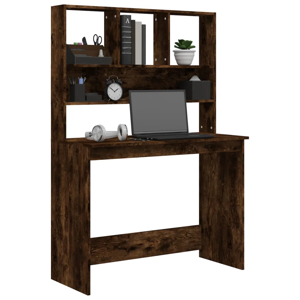 skrivebord m. hylder 102x45x148 cm konstrueret træ røget egetræ - Image 4