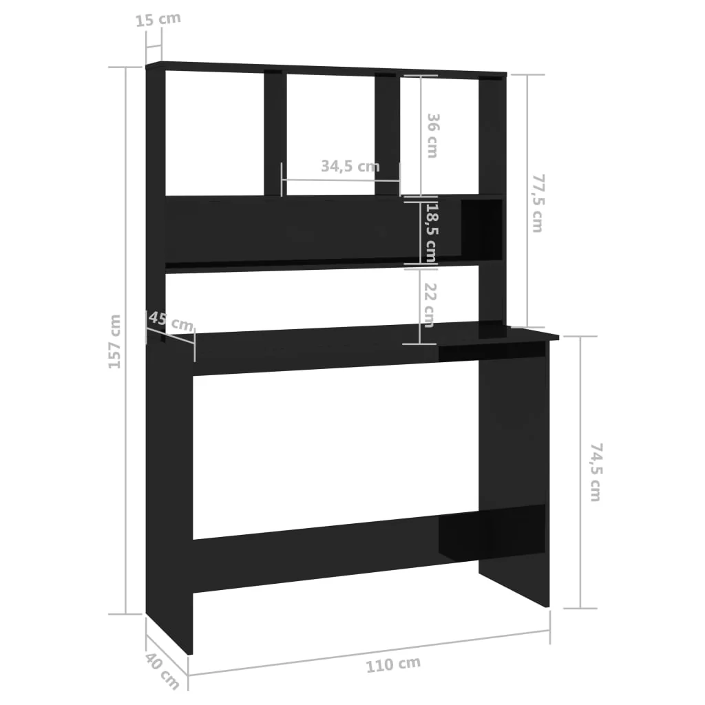 skrivebord m. hylder 110x45x157cm konstrueret træ sort højglans - Image 6