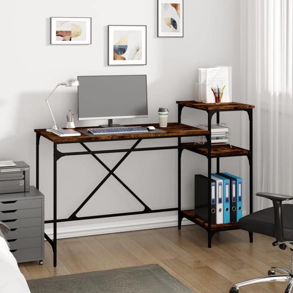 skrivebord m. hylder 135x50x90 cm konstrueret træ jern røget eg