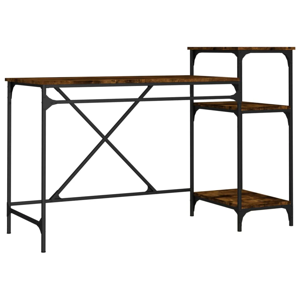 skrivebord m. hylder 135x50x90 cm konstrueret træ jern røget eg - Image 2