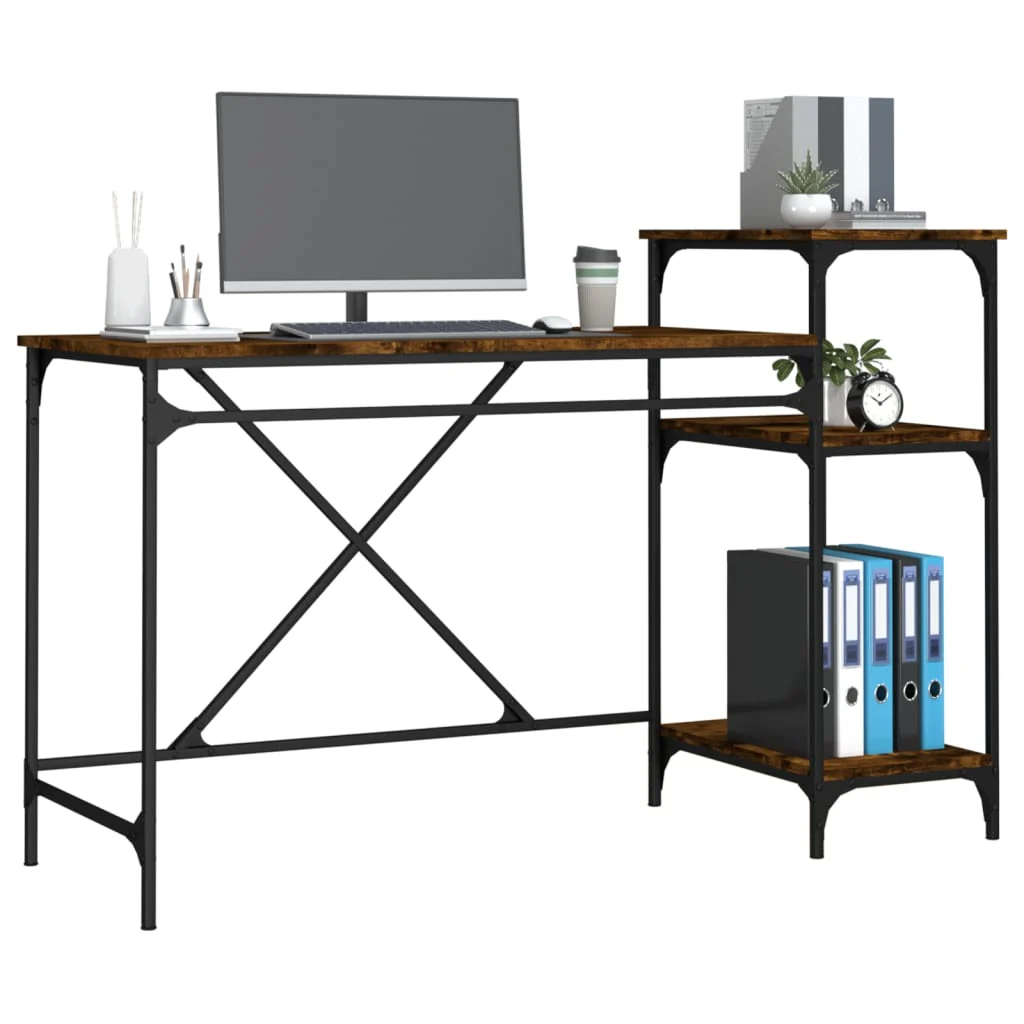skrivebord m. hylder 135x50x90 cm konstrueret træ jern røget eg - Image 4