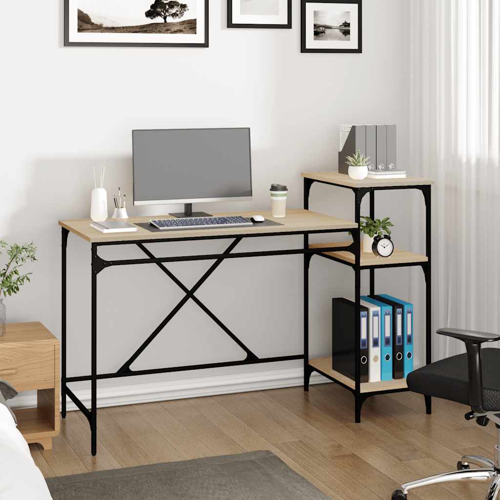 skrivebord m. hylder 135x50x90cm konstrueret træ jern sonoma-eg - Image 3