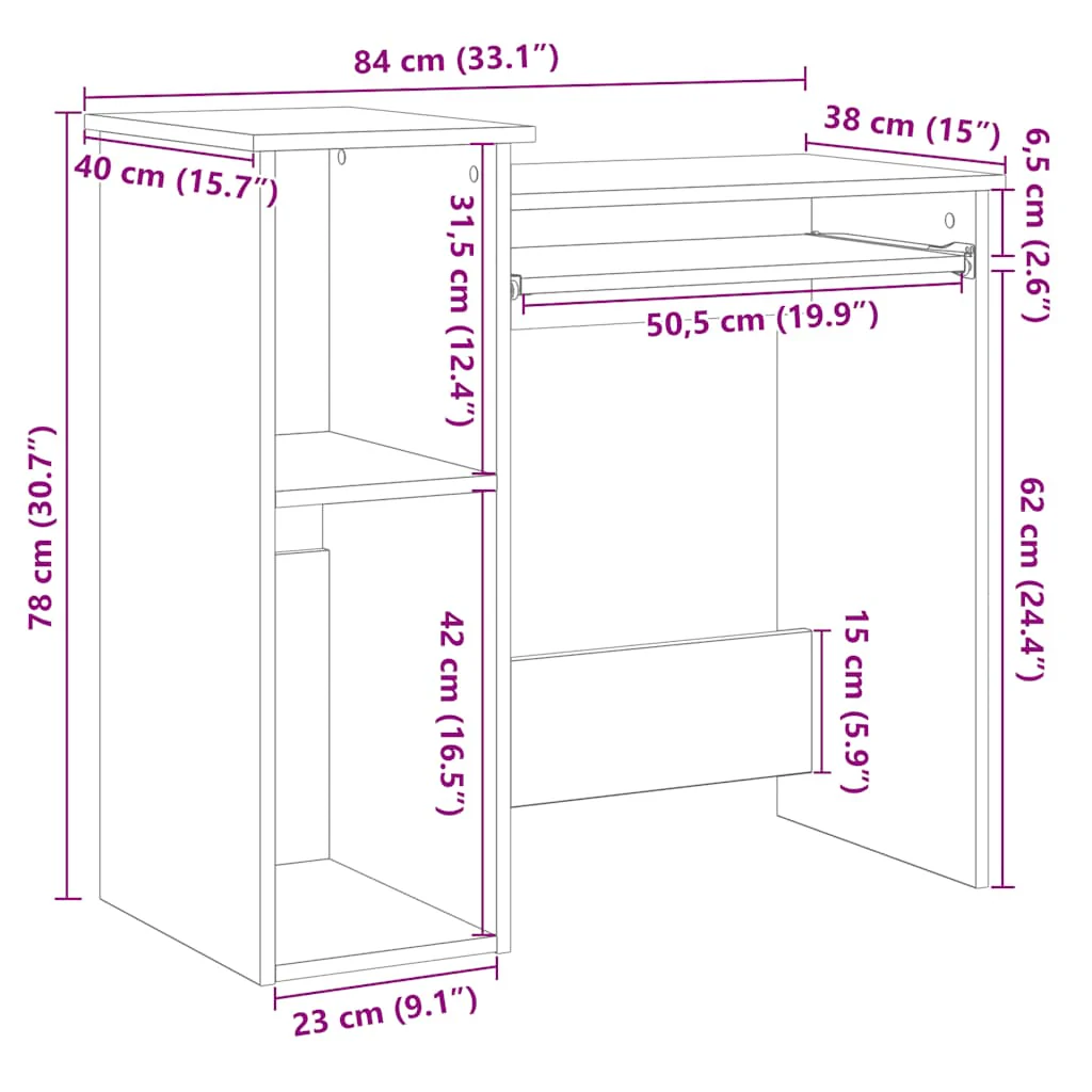 skrivebord m. hylder 84x40x78 cm konstrueret træ sonoma-eg - Image 9