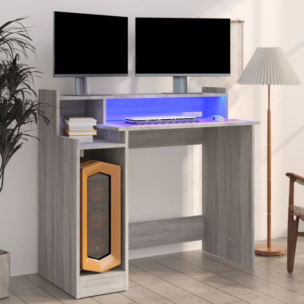 skrivebord m. LED-lys 97x45x90 cm konstrueret træ grå sonoma-eg