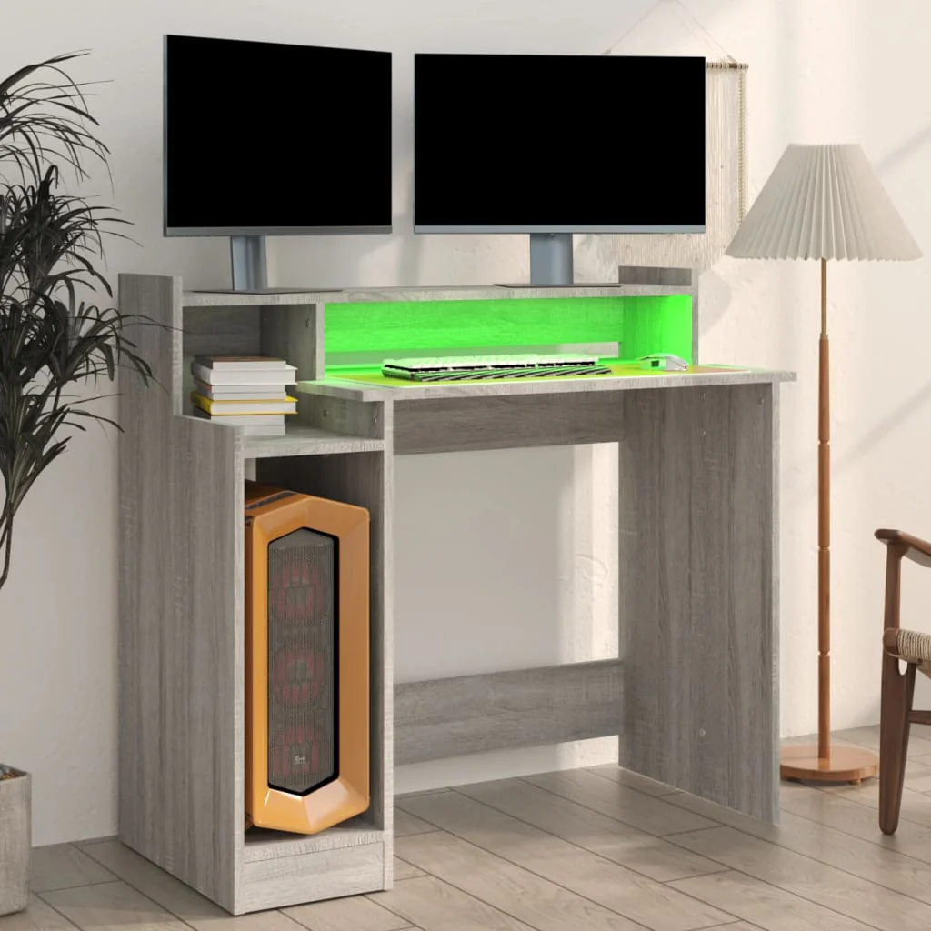 skrivebord m. LED-lys 97x45x90 cm konstrueret træ grå sonoma-eg - Image 5