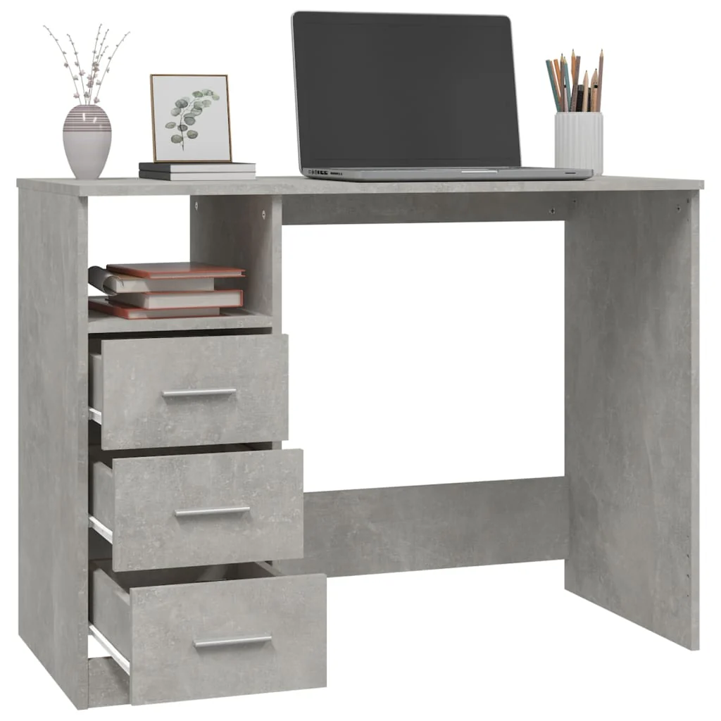 skrivebord m. skuffer 102x50x76 cm konstrueret træ betongrå - Image 5