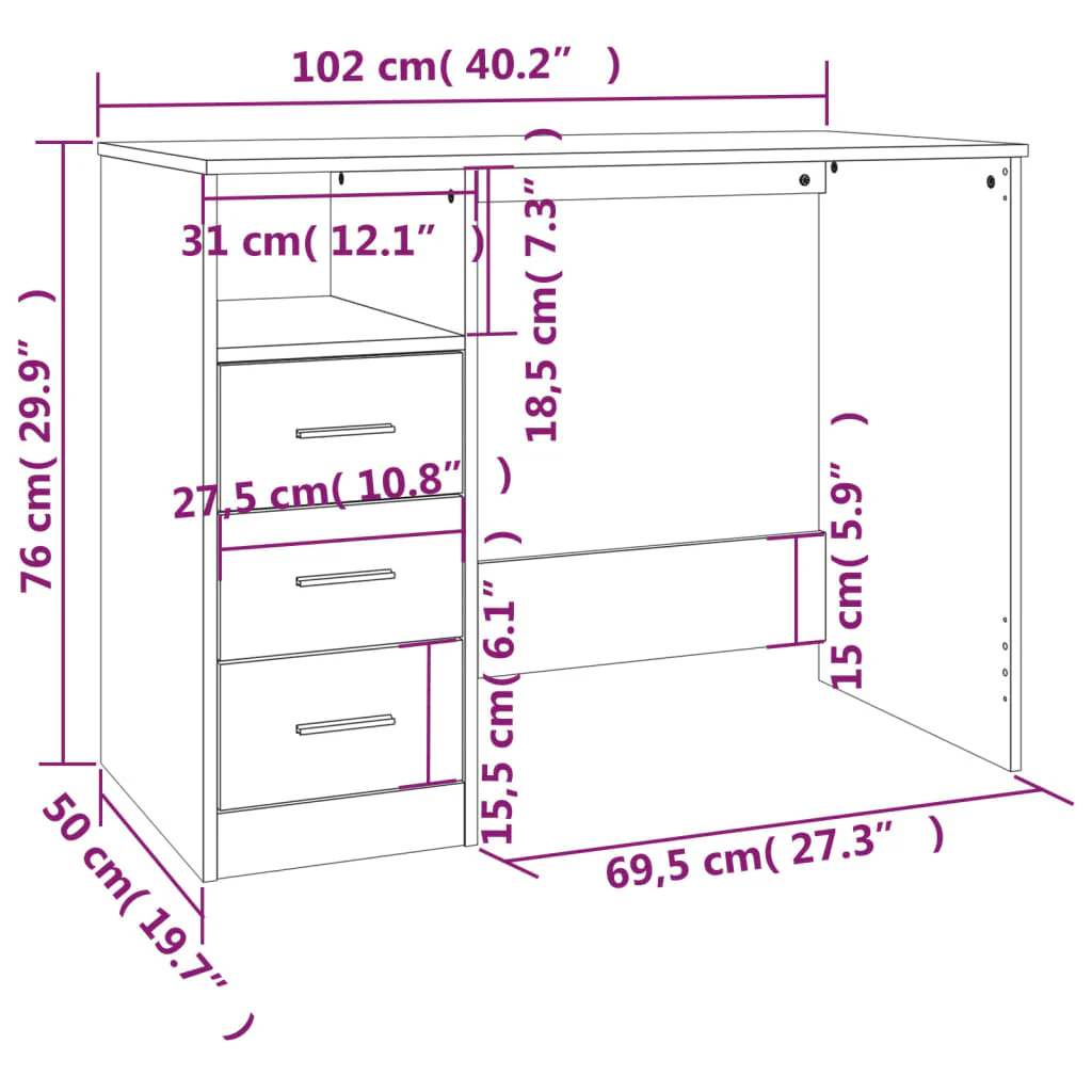 skrivebord m. skuffer 102x50x76 cm konstrueret træ røget egetræ - Image 10