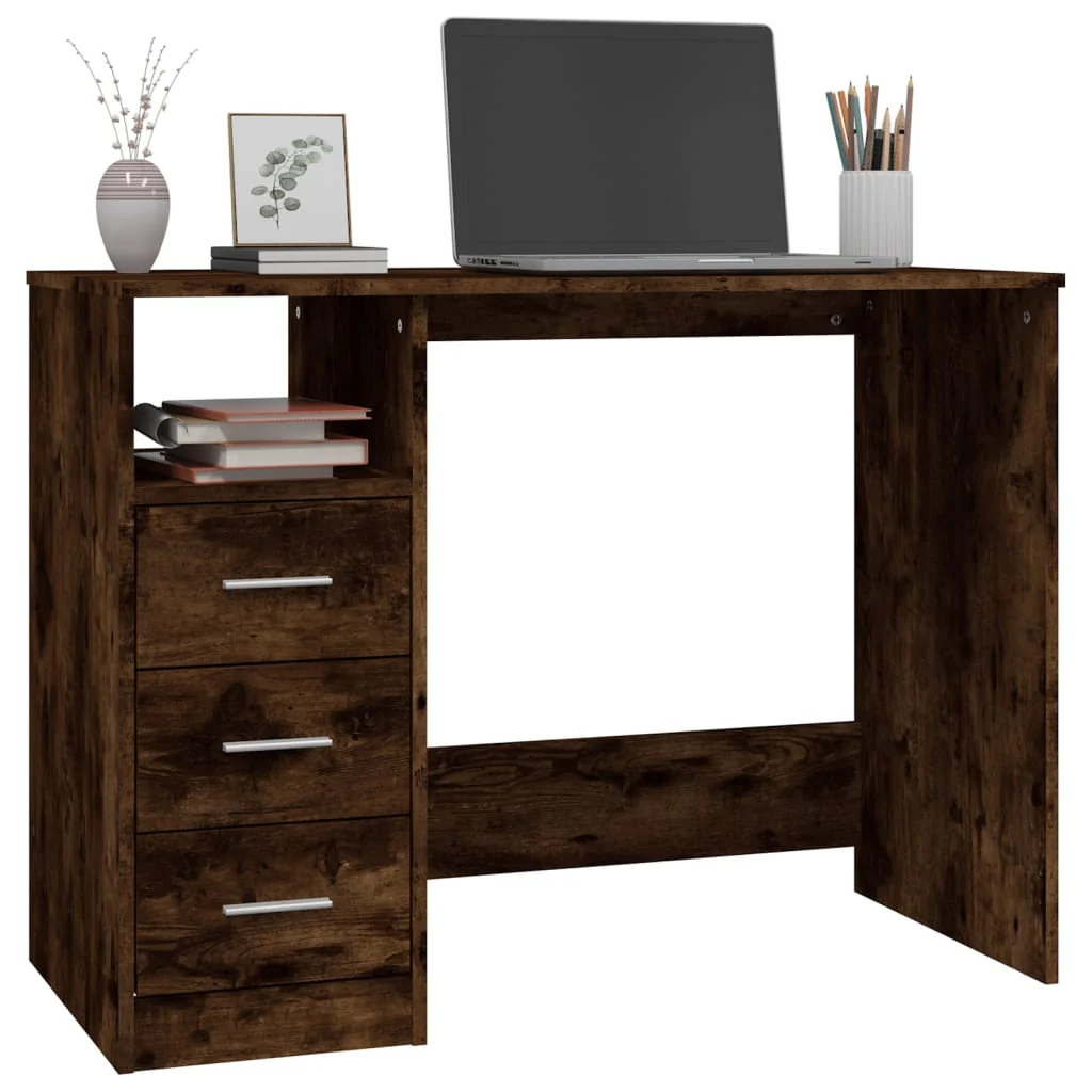 skrivebord m. skuffer 102x50x76 cm konstrueret træ røget egetræ - Image 4