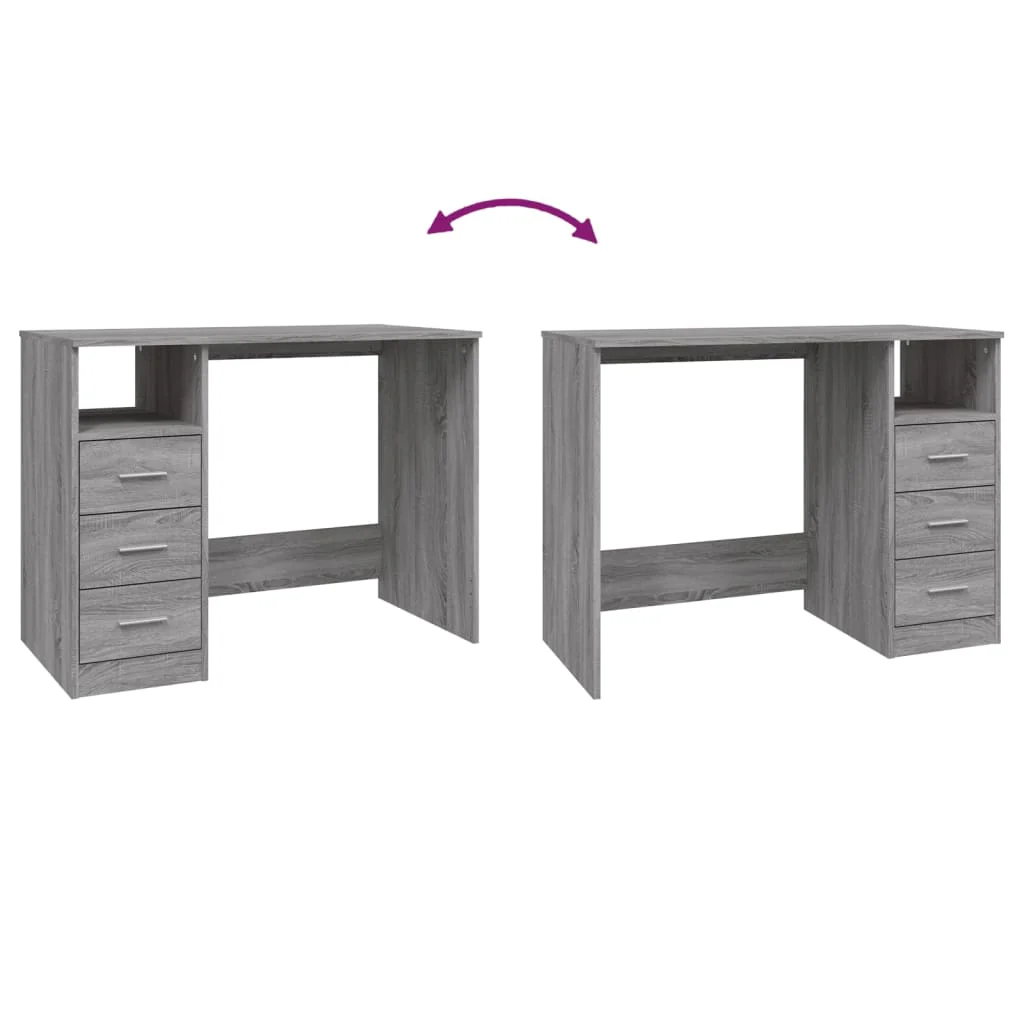 skrivebord m. skuffer 102x50x76cm konstrueret træ grå sonoma-eg - Image 8