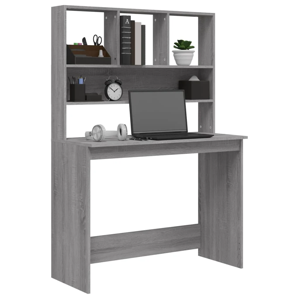 skrivebord med hylder 102x45x148 cm konstrueret træ grå sonoma - Image 4