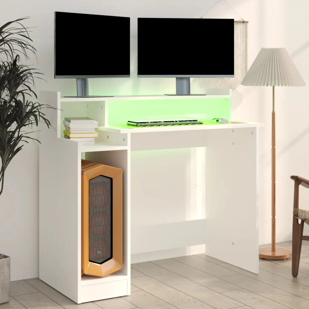 skrivebord med LED-lys 97x45x90 cm konstrueret træ hvid - Image 4