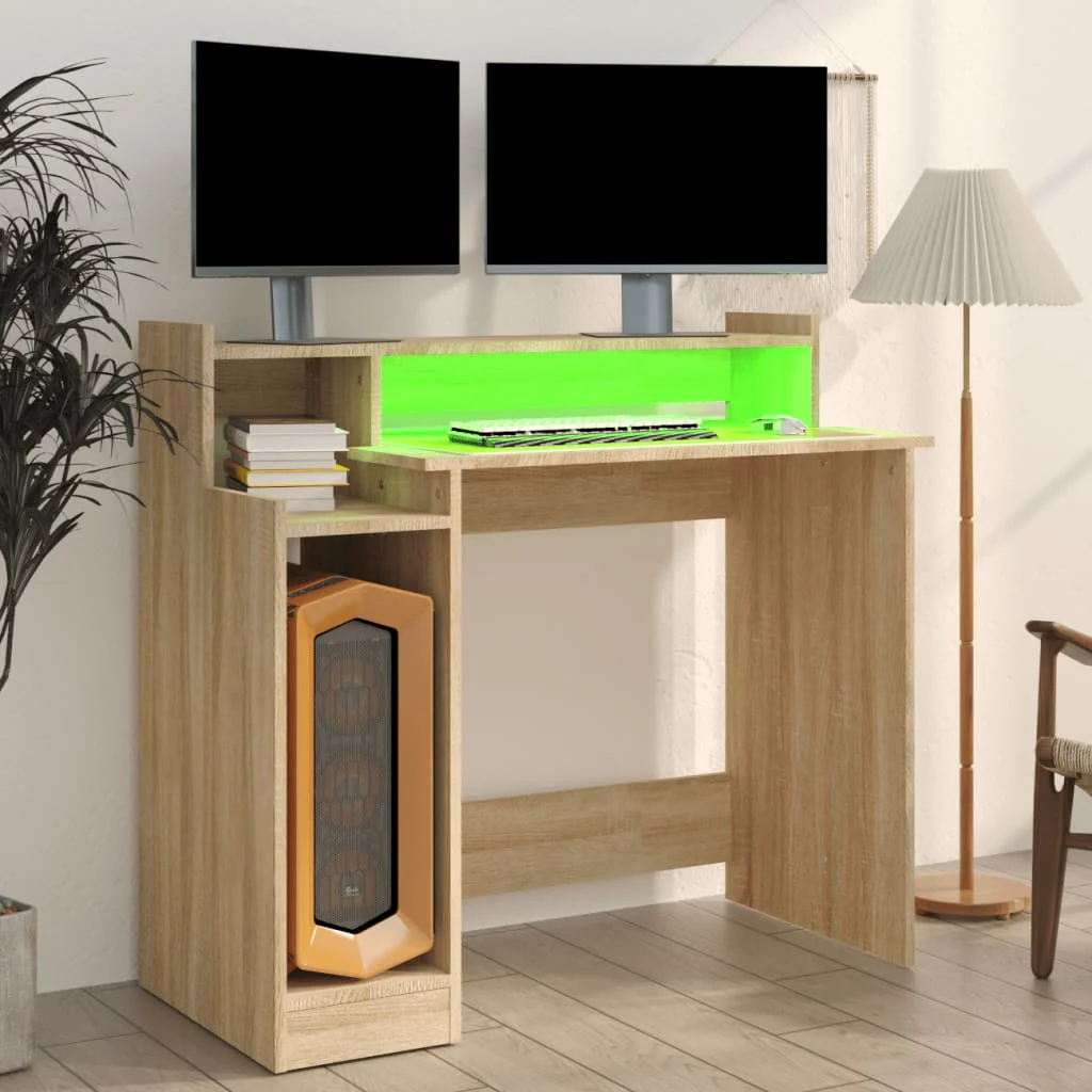 skrivebord med LED-lys 97x45x90 cm konstrueret træ sonoma-eg - Image 4