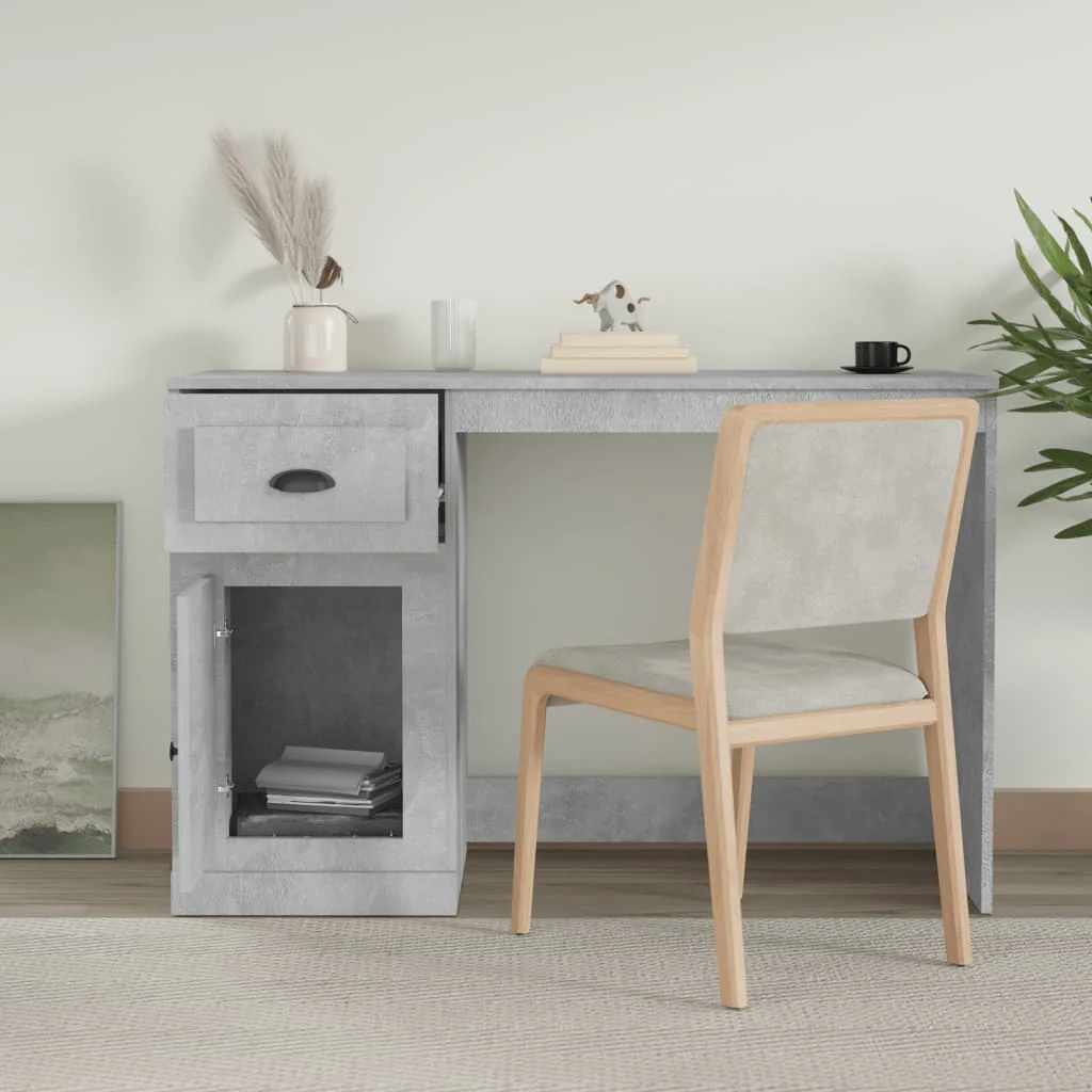 skrivebord med skuffe 115x50x75 cm konstrueret træ betongrå - Image 3