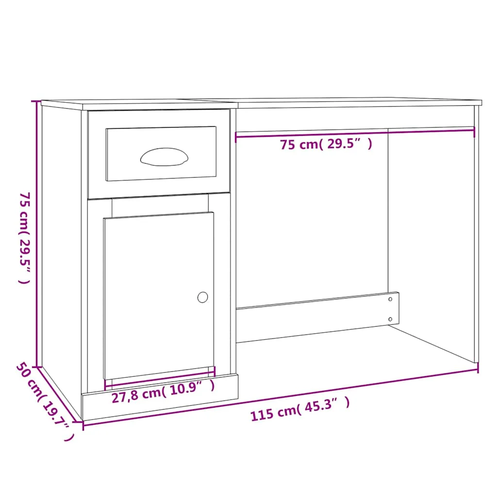 skrivebord med skuffe 115x50x75 cm konstrueret træ røget egetræ - Image 9